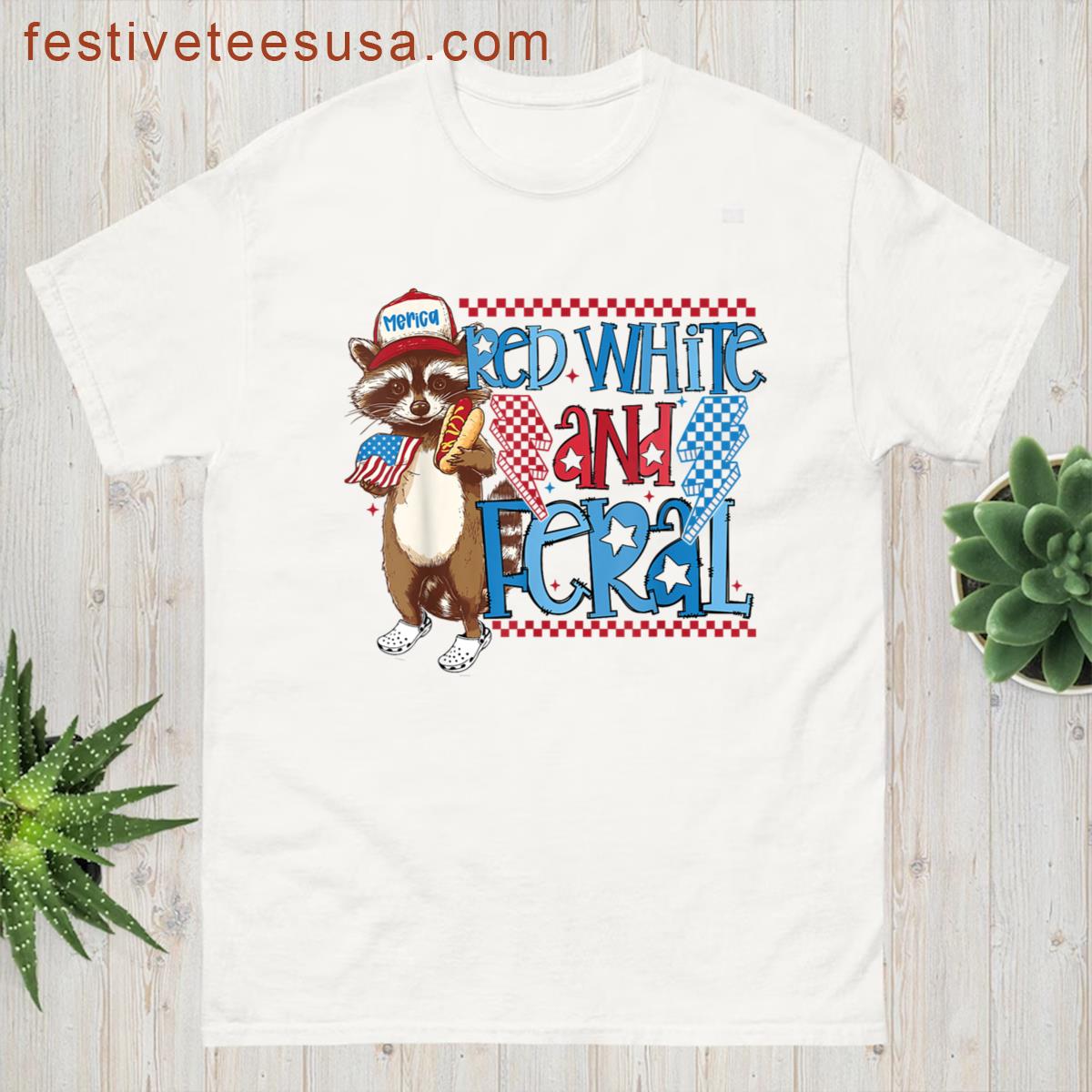 Retro Red White And Feral Meme Raccoon 4th Of July Patriotic T-shirt