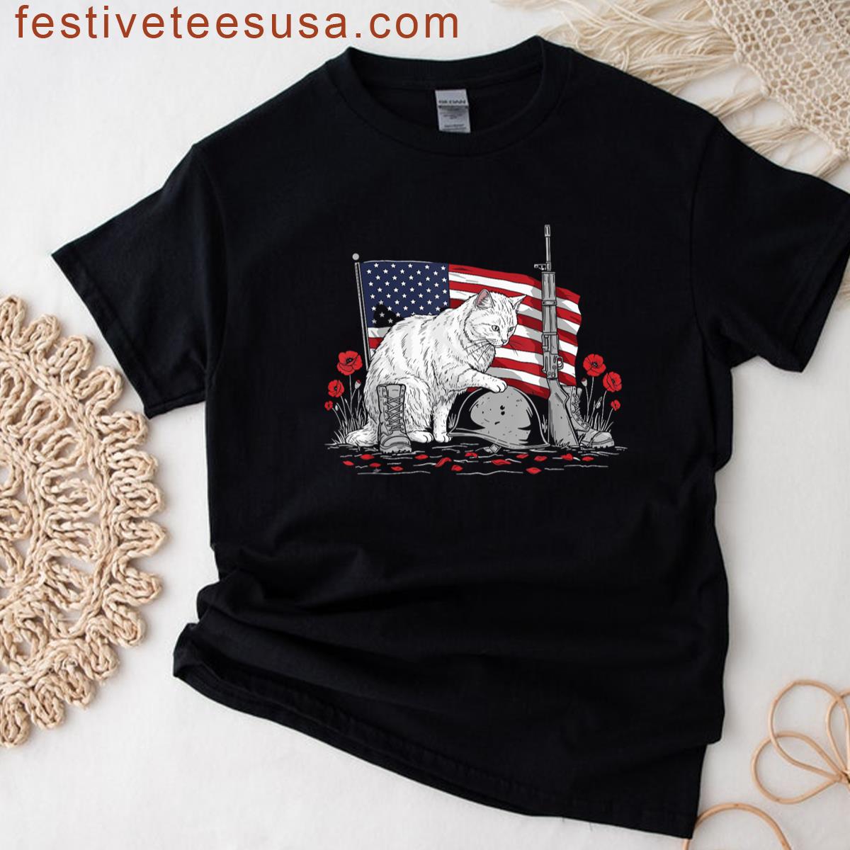 Vintage Cat American Usa Flag Memorial Day 4th Of July T-shirt
