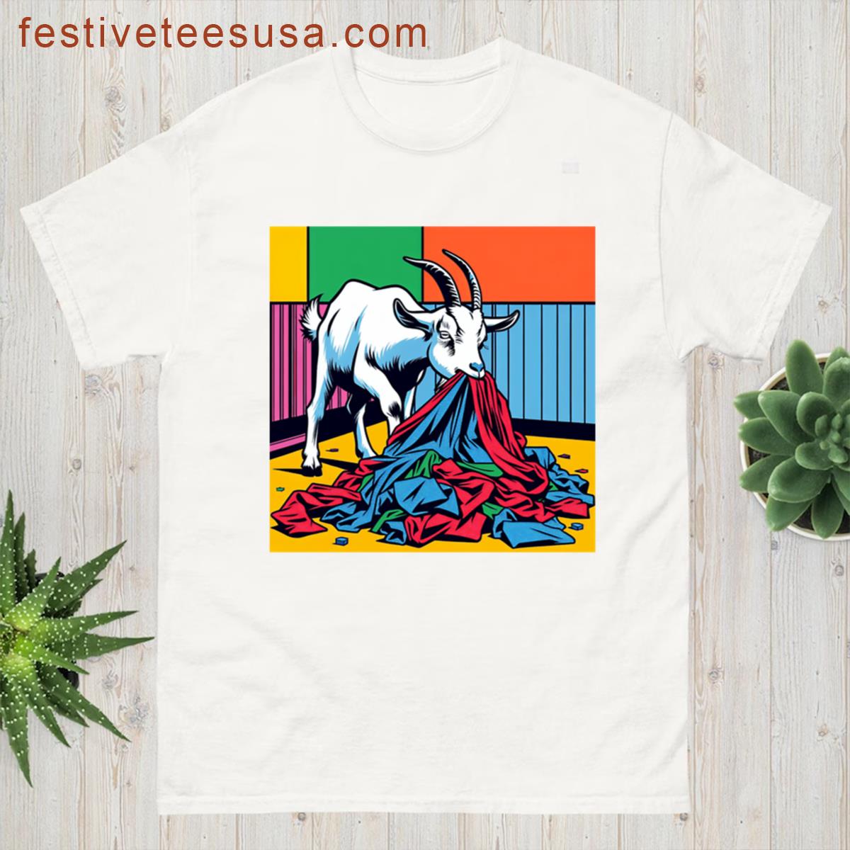 A Pop Art Style Image Of A Goat Eating Clothing T-shirt