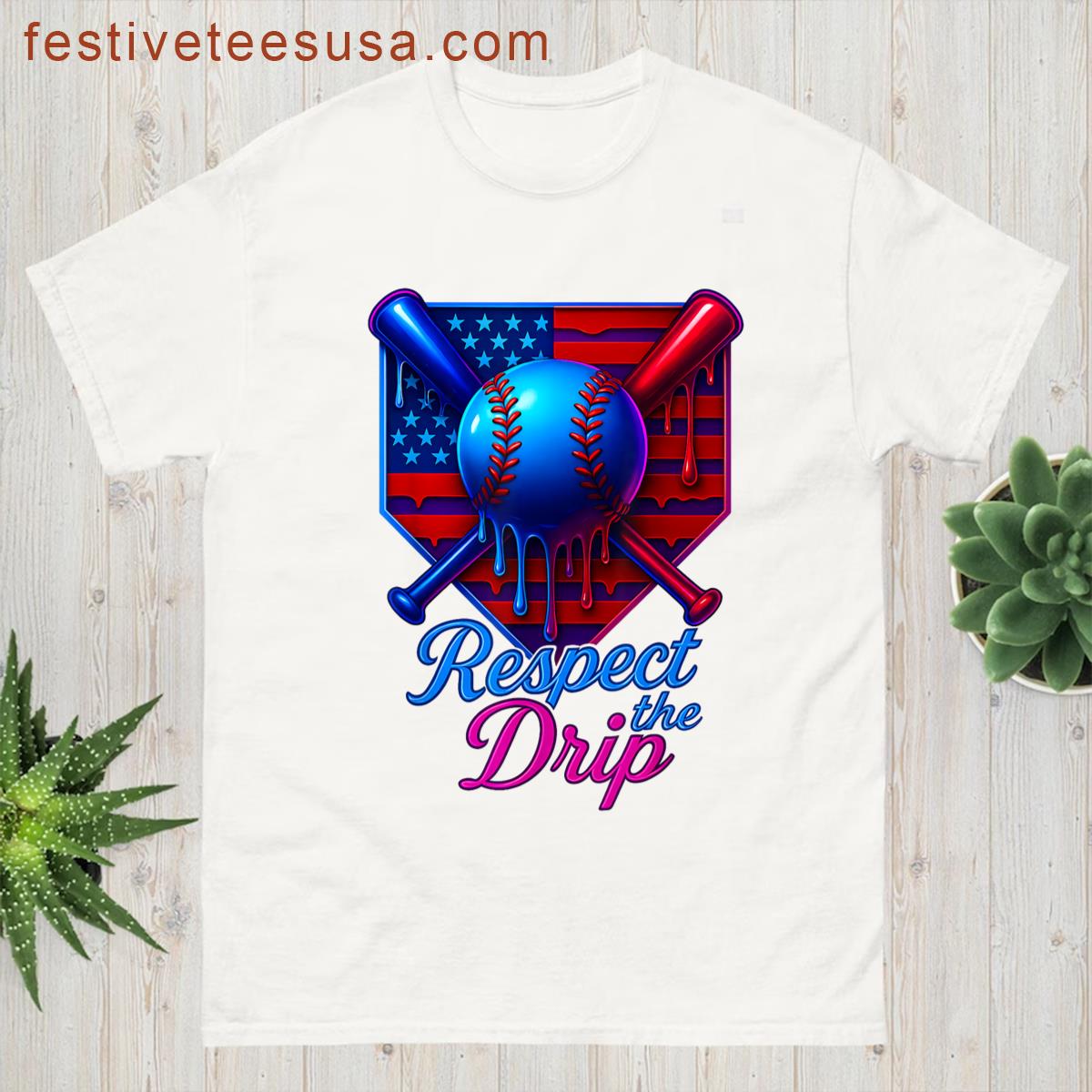 Baseball Drip Ice Cream Home Plate Usa 4th Of July Patriotic T-shirt