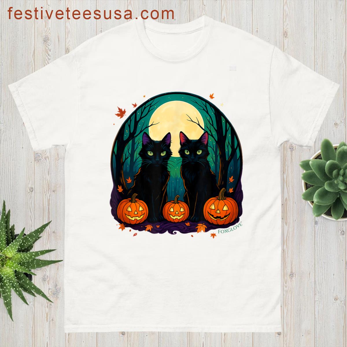 Black Cats With Pumpkins Under Full Moon On Halloween T-shirt