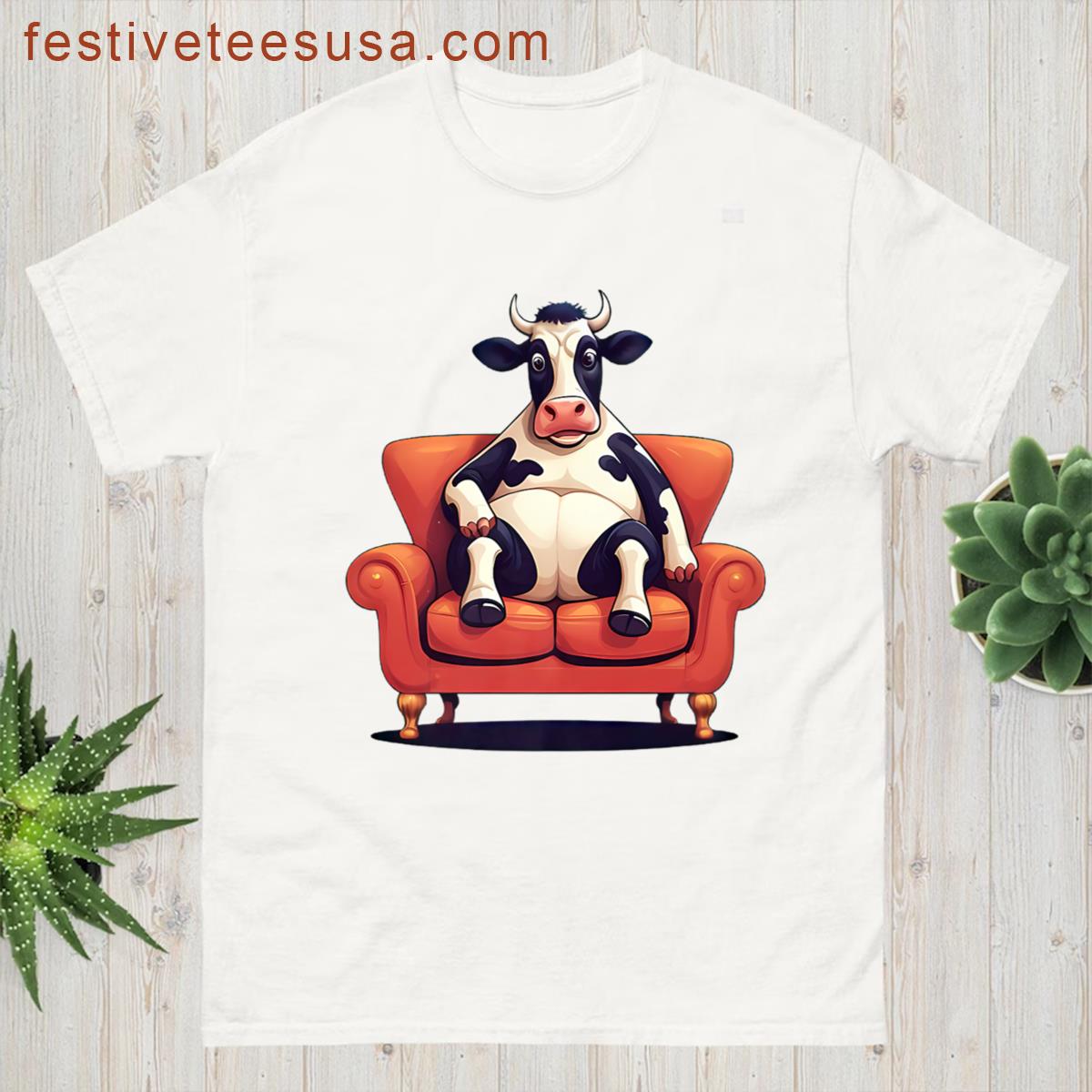 Funny Cow Sitting On A Sofa Cartoon Style Premium T-shirt