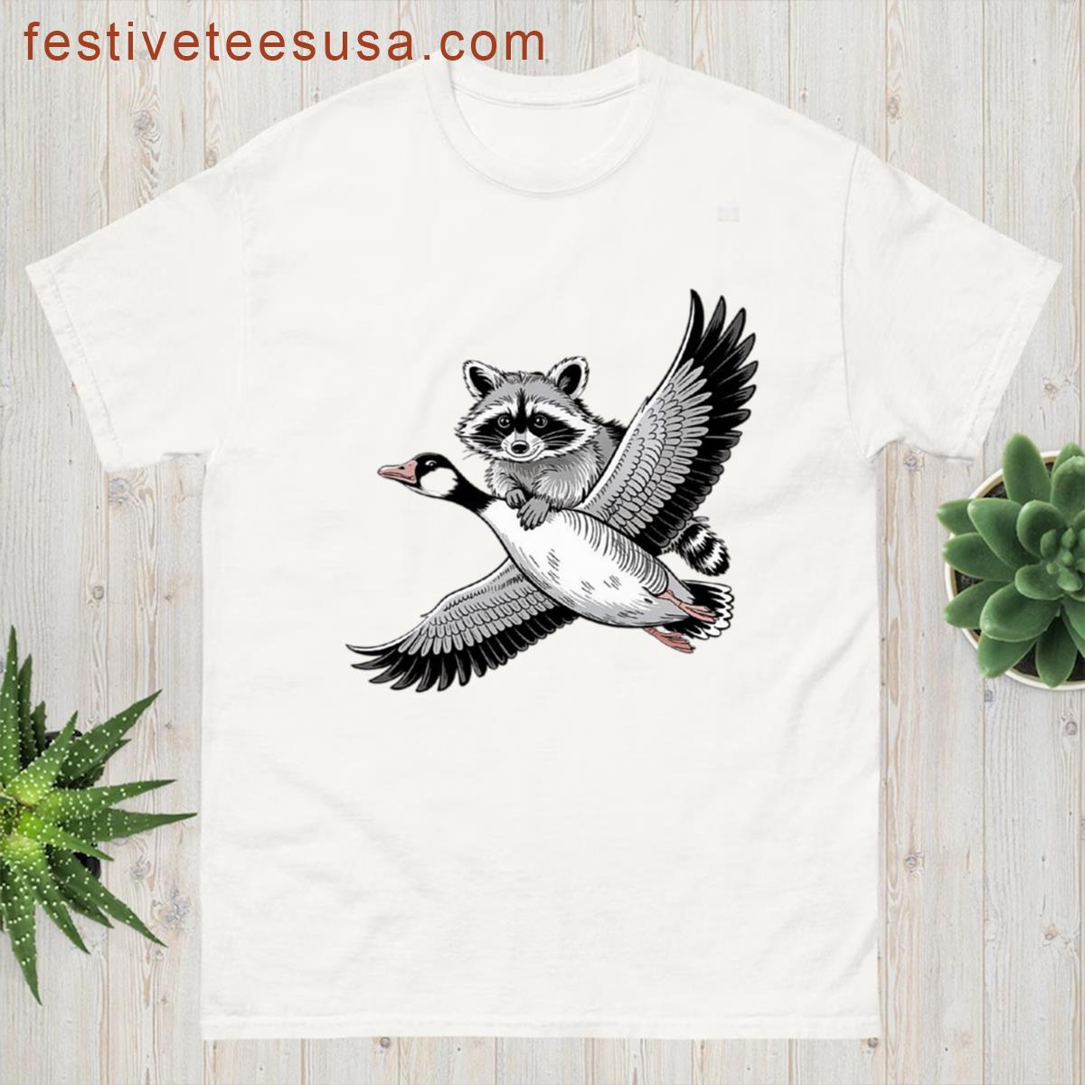 Funny Raccoon Riding A Flying Goose In Whimsical Cartoon Style T-shirt