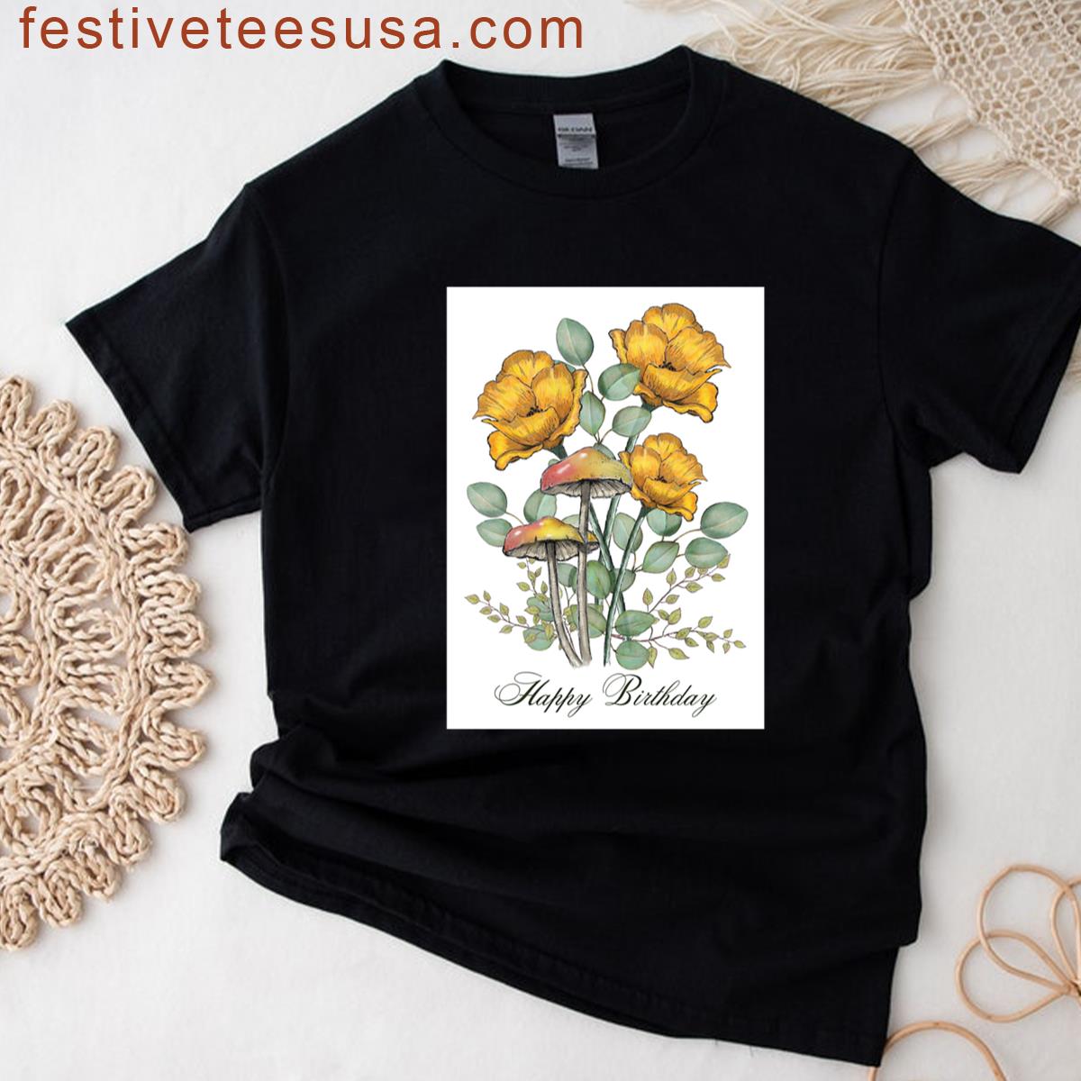 Happy Birthday Wishes With Botanical Illustration Flowers And Mushrooms Premium T-shirt