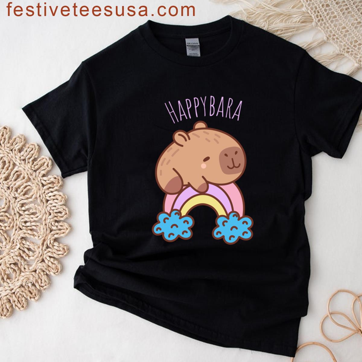 Happybara Capybara On Rainbow Cute Positive Cartoon Animal T-shirt