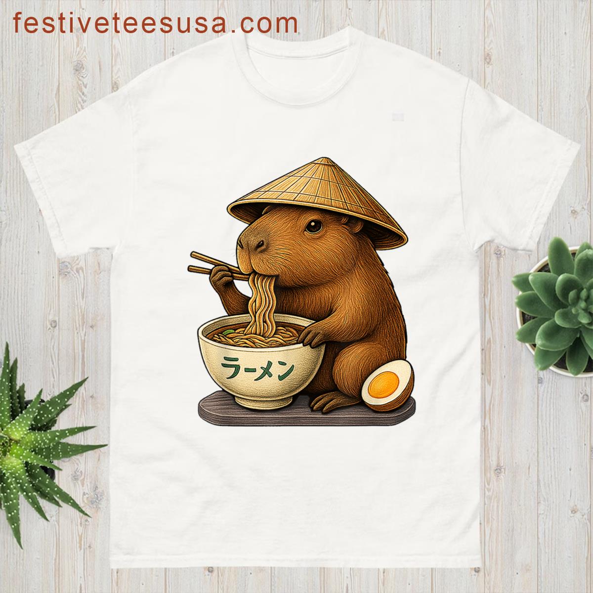 Kawaii Capybara Eating Japanese Ramen Graphic Tee Funny Kids T-shirt