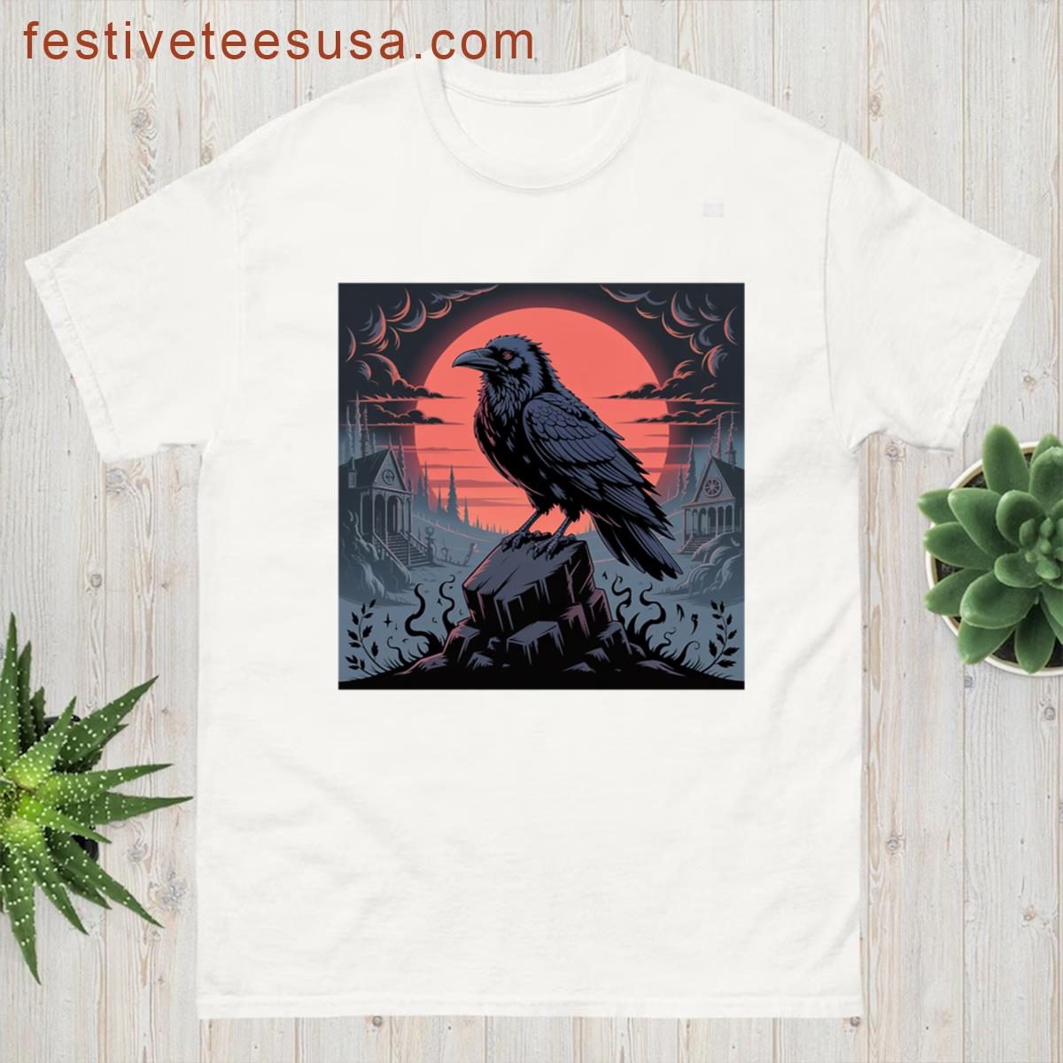 Mystical Raven On Haunted Rock With Blood Moon Background T-shirt