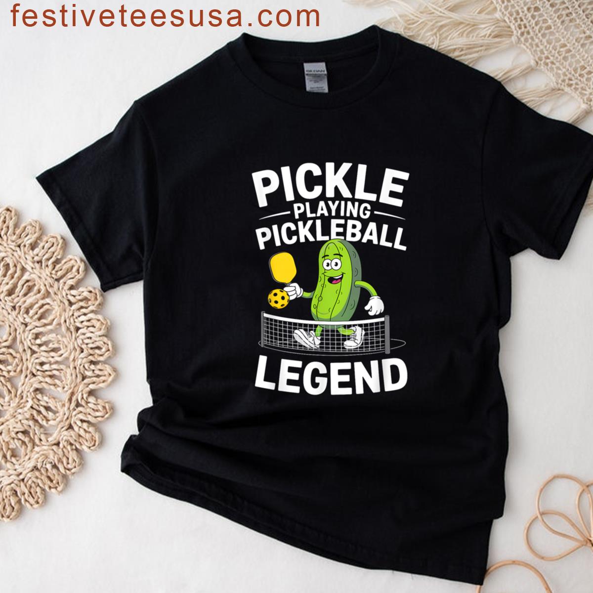 Pickle Playing Pickleball Legend Funny Cartoon T-shirt