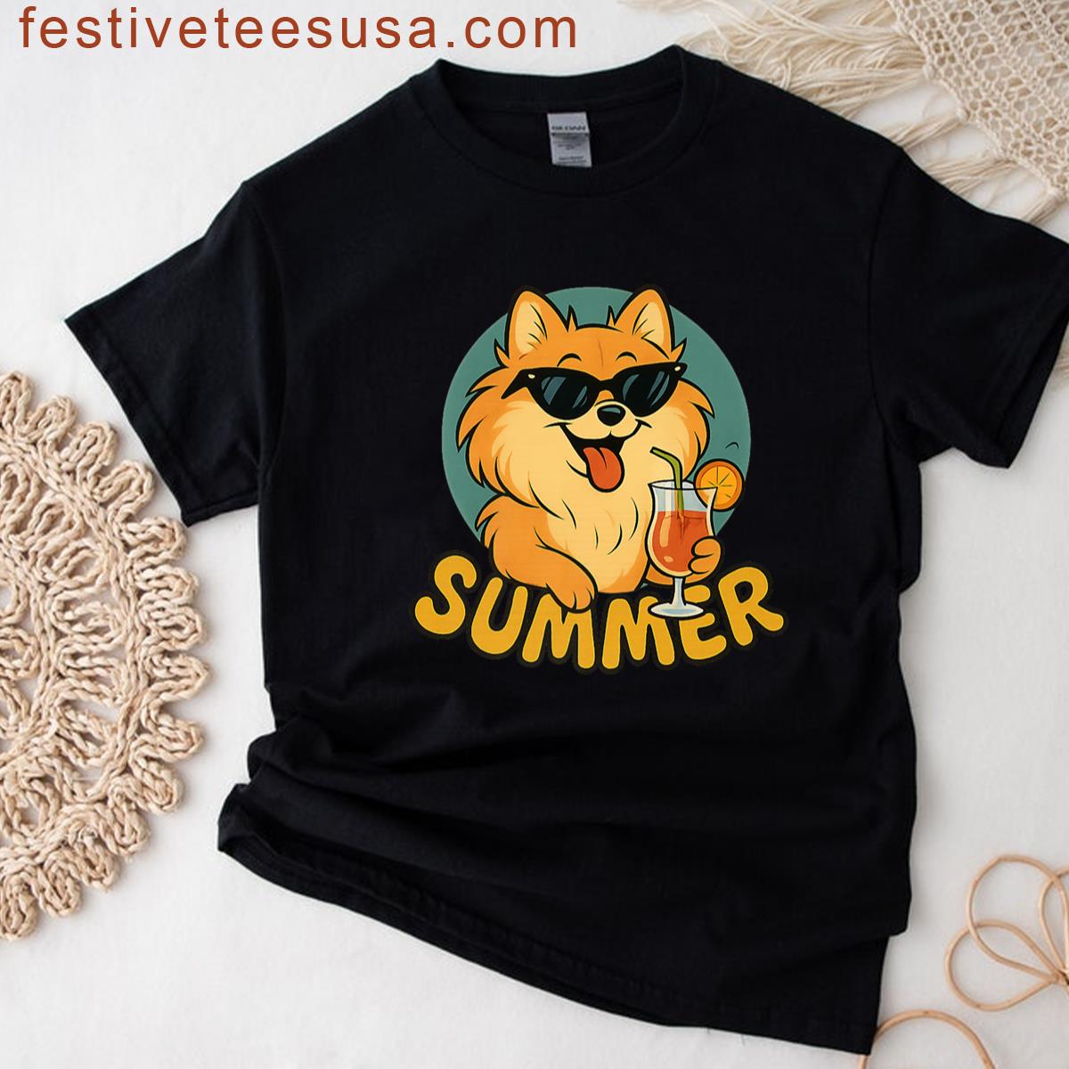 Pomeranian Summer Design Funny Dog Cartoon Vintage Premium T-shirt