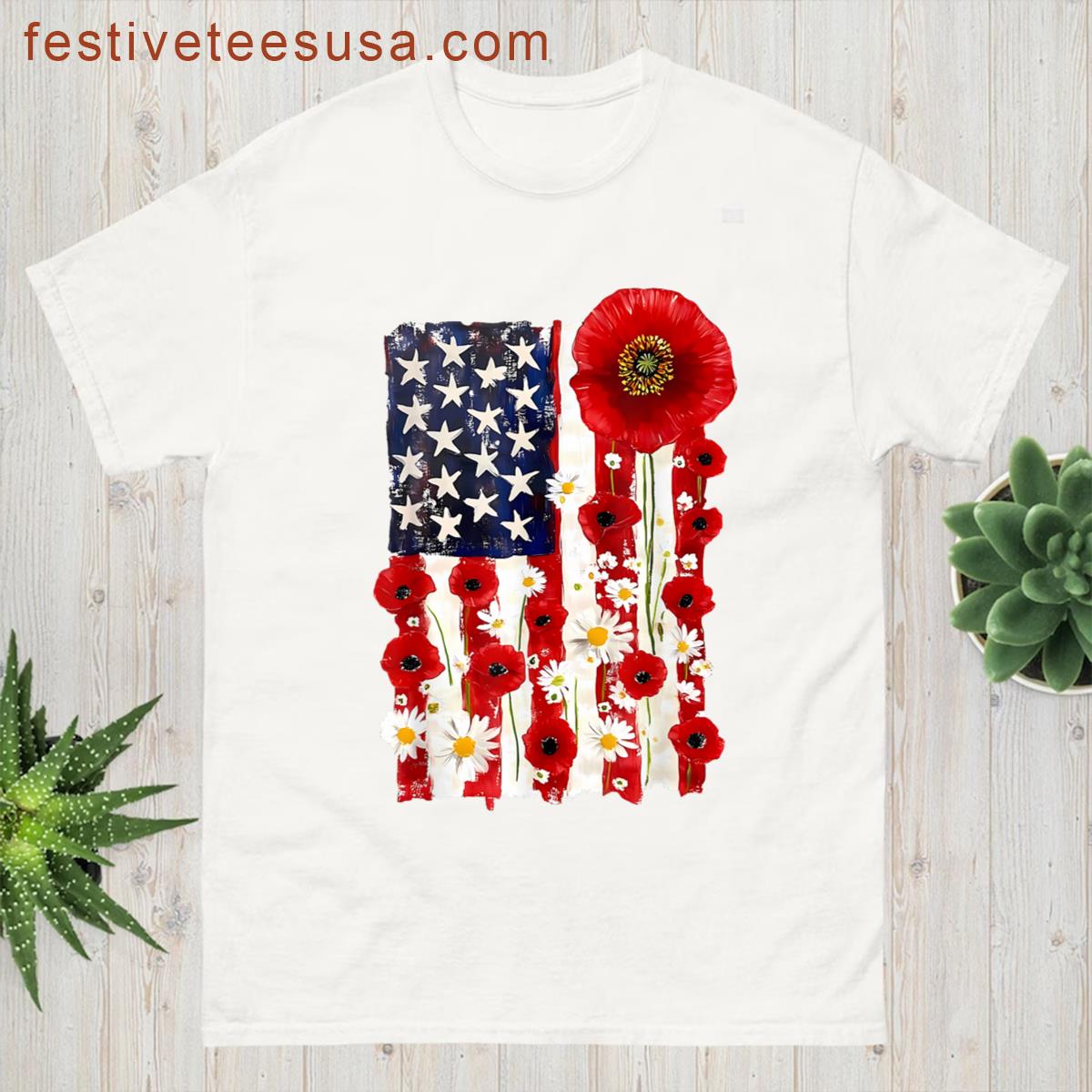 Red Poppy Flower Us Flag Patriotic Veterans Day Memorial Day T-shirt