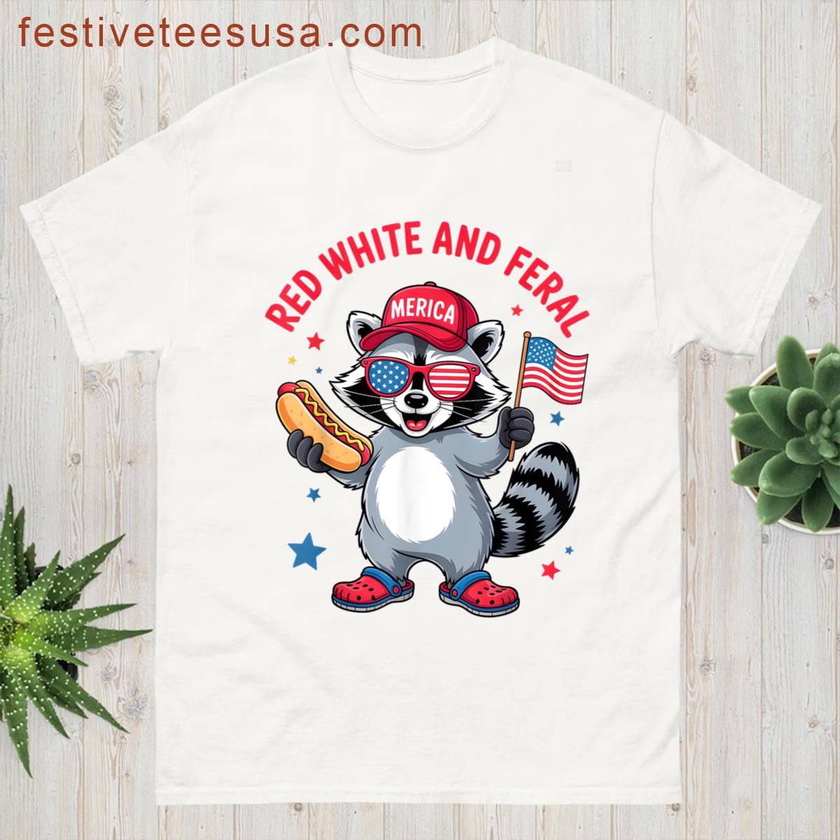 Red White And Feral Raccoon 4th Of July Funny Patriotic 2025 T-shirt