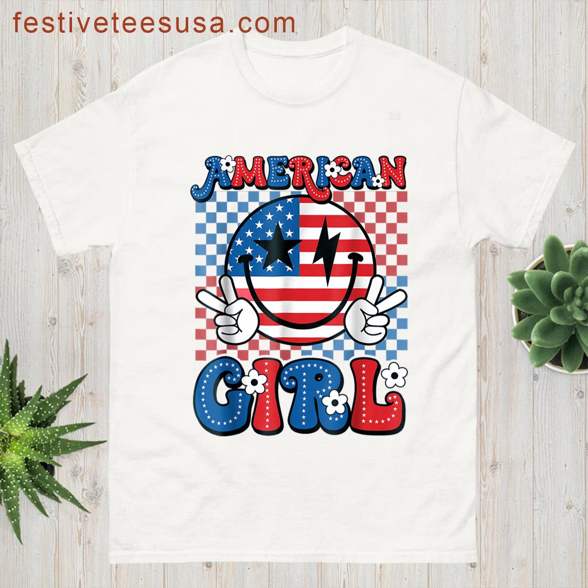 Retro Groovy Fourth 4th Of July Smile American Girl T-shirt