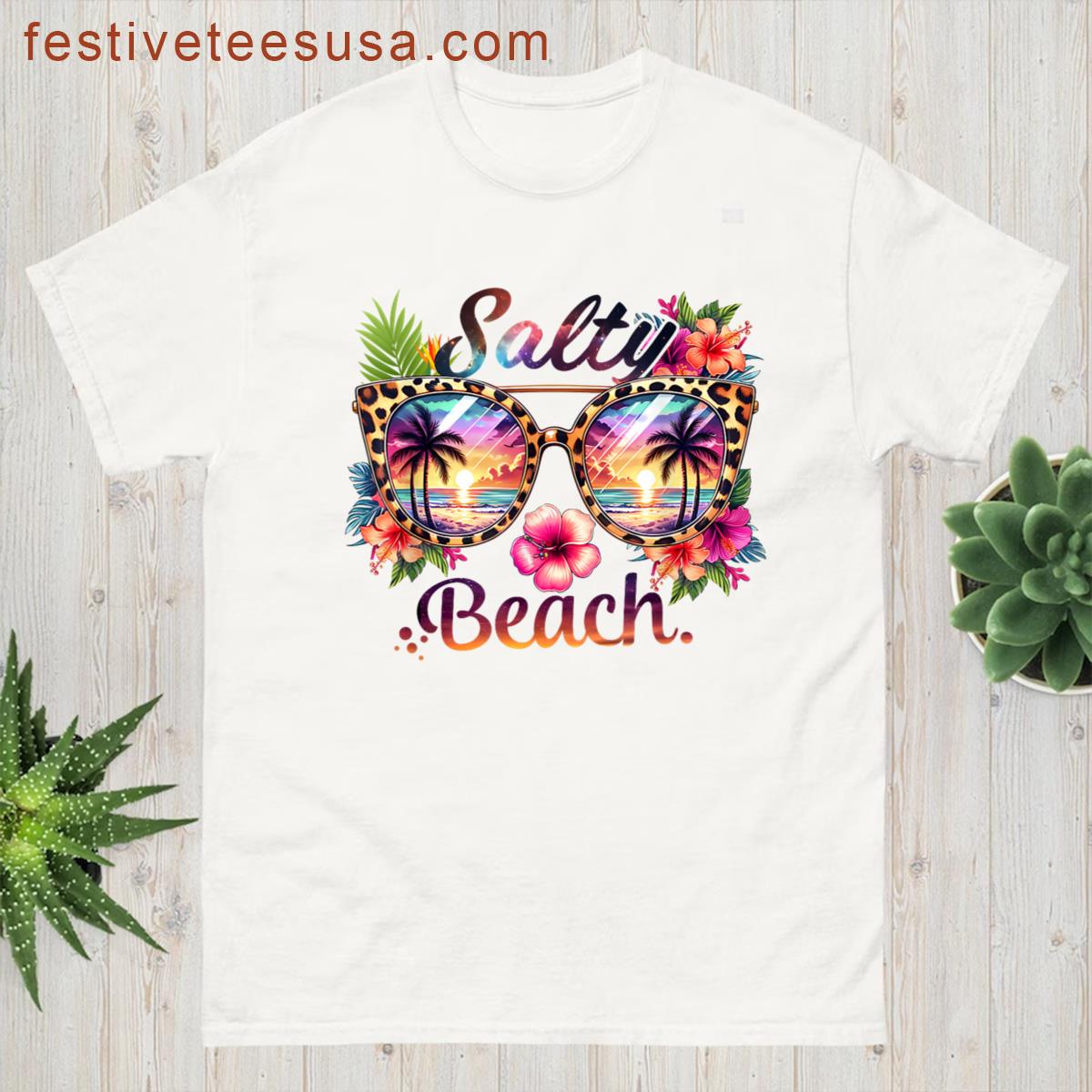 Salty Beach Tropical Flowers Leopard Sunglasses Summer Party T-shirt