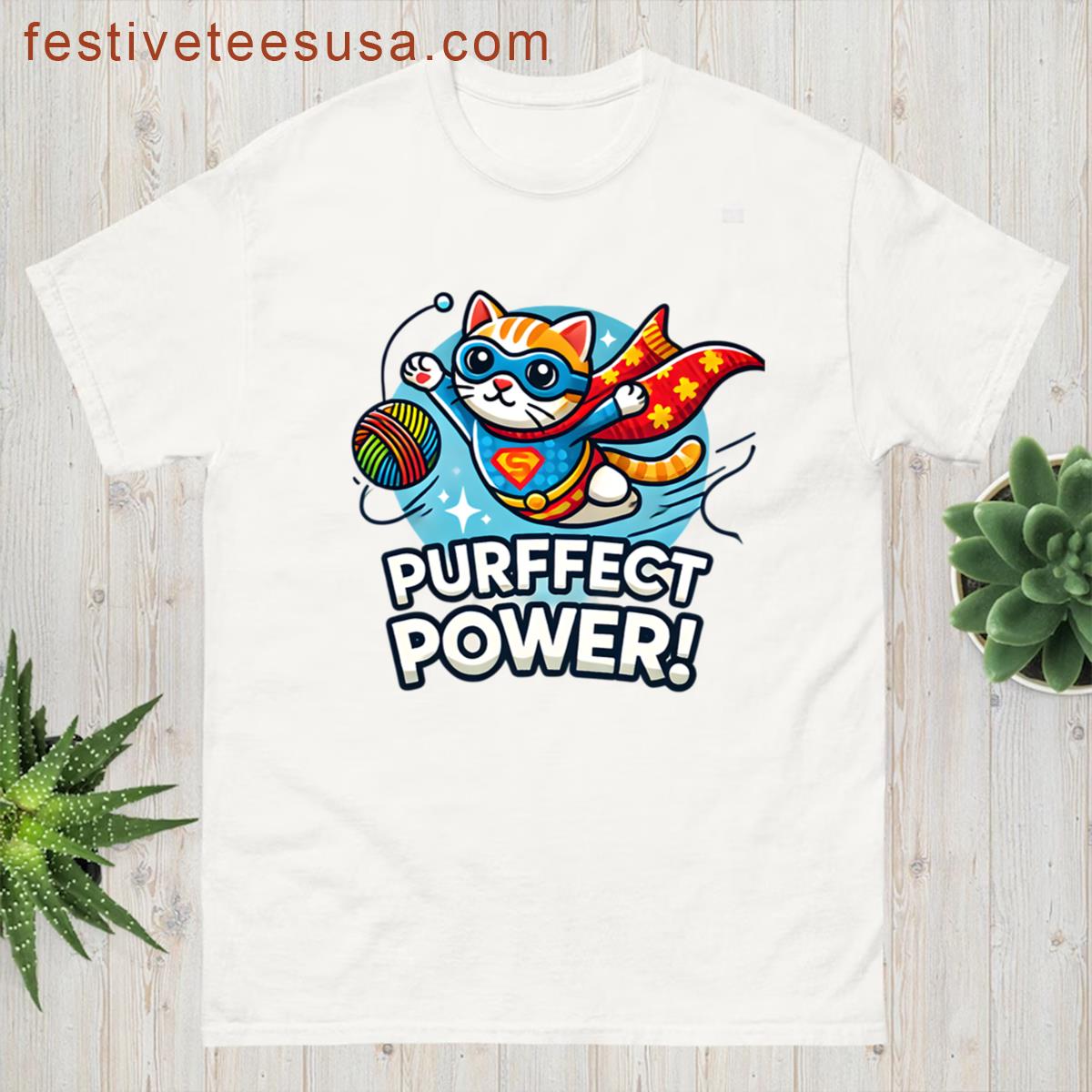 Superhero Cat Cartoon Purrfect Power Design T-shirt