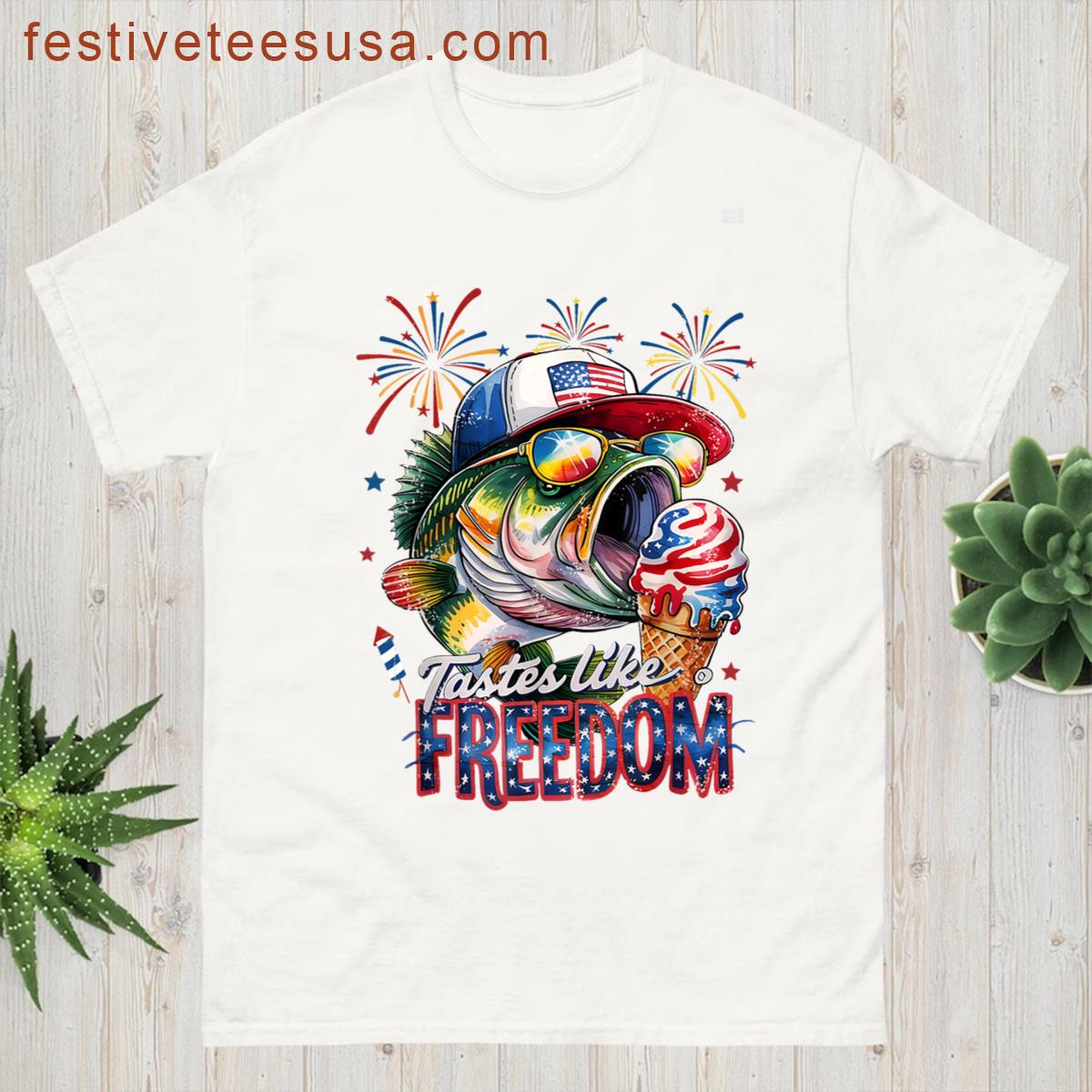 Tastes Like Freedom Bass Fishing Funny 4th Of July Men Kids T-shirt