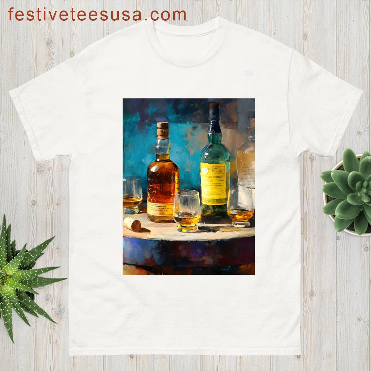 Whiskey Bottles And Glasses On Rustic Barrel – Warm Amber Hues Contrast With Vibrant Blues T-shirt